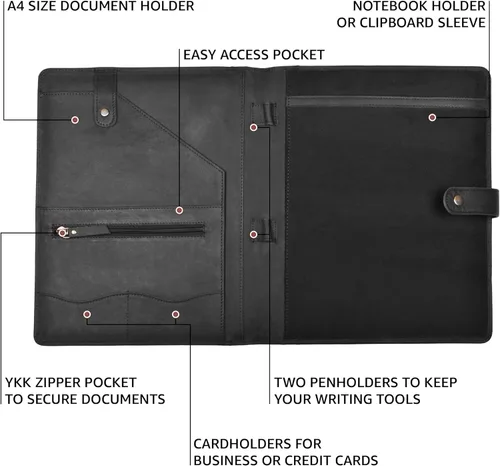 Vista 5 de Portafolio de cuero genuino – Elegante organizador profesional negro y carpeta para currículum, portadocumentos de cuero antiguo para negocios