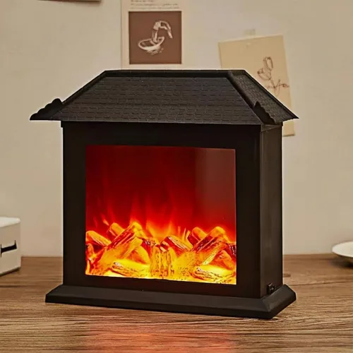 Vista 9 de Farol de chimenea pequeño y acogedor tradicional realista con efecto de llama de leña, luz LED, estilo carbón, lámpara de mesa