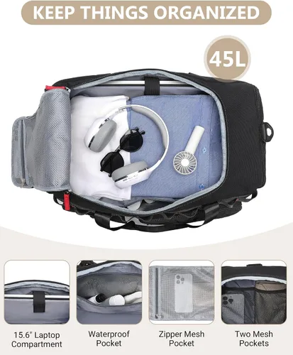 Vista 5 de Bolsas de gimnasio para hombres y mujeres, 45L grande de viaje de fin de semana, mochila deportiva con zapatos y compartimento para laptop, bolsa