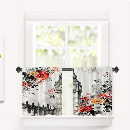 Vista 85 de Cortinas opacas de cocina con pintura al óleo de Europa rosa y negra para ventanas, cenefas opacas modernas de torre Eiffel de poliéster multicapa