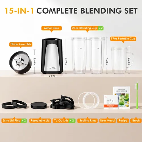 Vista 5 de KOIOS 1000W Smoothie Blender, 15-in-1 Single Serve Set, Press-Twist Design Black