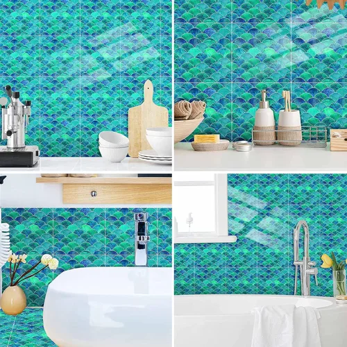 Vista 5 de Hyun-chae - 6 calcomanías de escamas de peces de 12 x 12 pulgadas, color azul, removibles, impermeables, autoadhesivas, para cocina, muebles de baño