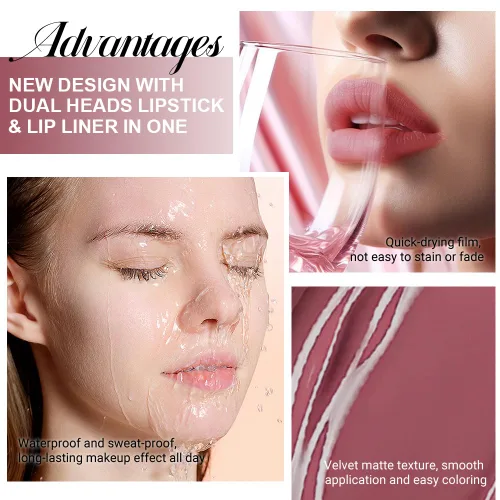 Vista 4 de evpct Juego de 1 delineador de labios mate y lápiz labial líquido rojo-marrón para mujer, delineador de labios rojo-marrón de larga duración