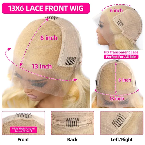 Vista 2 de Lemoda Peluca de cabello humano 613 con encaje frontal de 13 x 6, peluca de encaje transparente HD de 13 x 6, predepilada, densidad 180, cabello