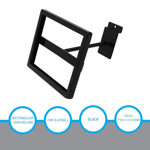 Vista 3 de SSWBasics Soporte rectangular negro para letrero de pared de Slatwall, con capacidad para letreros de 7 pulgadas de ancho x 5 ½ pulgadas de alto