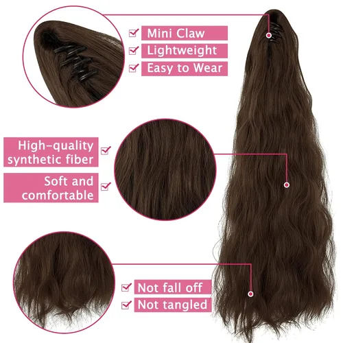 Vista 4 de OMGREAT Extensión de cola de caballo con clip de garra de 18 pulgadas, extensiones de cabello rizado ondulado largo para mujer, clip de mandíbula