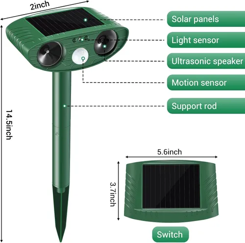 Vista 7 de Repelente de gatos para exteriores, paquete de 2 repelentes solares de animales, disuasorio ultrasónico para gatos con sensor de movimiento PIR