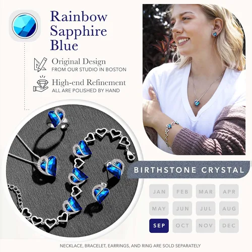 Vista 5 de Leafael Infinity Love - Juego de joyas con forma de corazón Collar con colgante, pulsera de eslabones y aretes con piedra de nacimiento azul