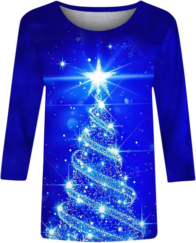 Vista 4 de Three Quarter Sleeve Tops for Women Fashion Christmas Tree Graphic Printed Pullover Shirt Slim Fit Casual Sweatshirt