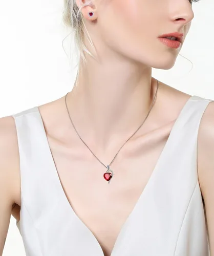 Vista 6 de MABELLA Collar con colgante de rubí rojo simulado de corazón, aretes de tuerca de plata esterlina, conjunto de joyas de regalo para mujeres, Metal