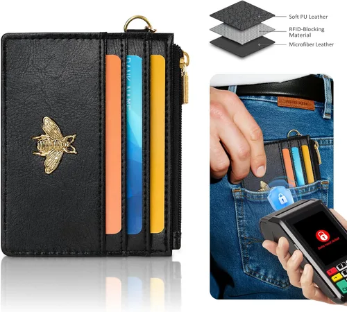 Vista 4 de SEAVILIA Tarjetero llavero cartera para mujer con ventana de identificación RFID monedero regalo abeja delgada minimalista pequeña cartera