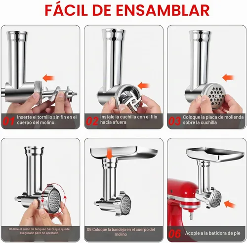 Vista 4 de Accesorios de aluminio para molinillo de alimentos para batidoras de pie KitchenAid y batidoras de pie Cuisinart SM-50. Picadoras de carne, relleno