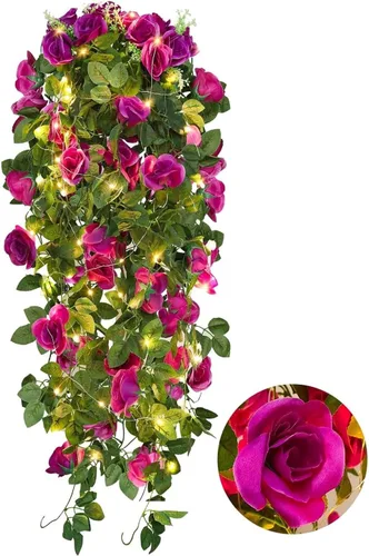 Vista 19 de RECUTMS - Guirnalda de flores artificiales colgantes de rosas negras, 2 guirnaldas florales falsas de 3.3 pies con 30 luces LED para pared