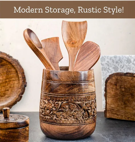 Vista 2 de Mie Creations Soporte grande rústico de 7 pulgadas para encimera de cocina, organizador de espátula de cocina de madera para fiestas, organizador
