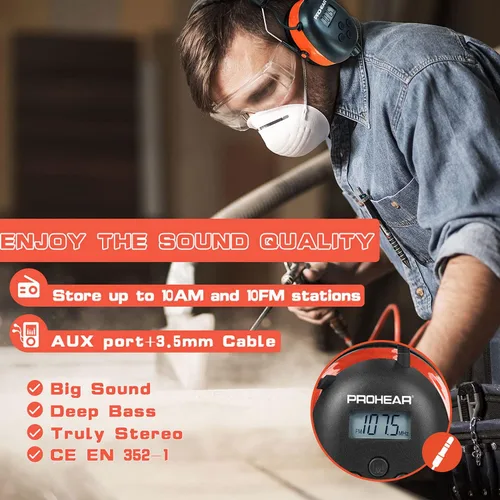 Vista 2 de PROHEAR 027 AM FM Radio Auriculares para cortar la nieve, talleres de trabajo, paquete de 2 unidades, naranja y gris
