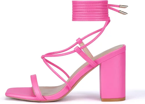 Vista 6 de GENSHUO Sandalias de punta cuadrada para mujer, con cordones, tacones altos gruesos, sandalias de tacón de bloque, zapatos de vestir de boda, Rosa