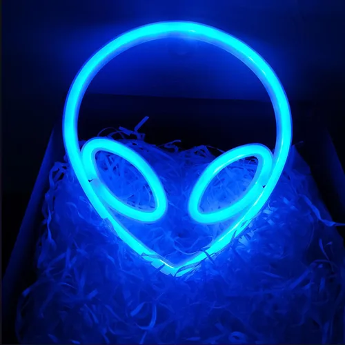 Vista 8 de Letrero de neón con cabeza de alienígena, 1 unidad, luz de neón de alienígena verde y morado, USB o 3 pilas AA, divertido letrero de neón iluminado