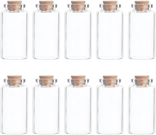 Vista 30 de 25 mini botellas de vidrio con tapas de corcho, 5 formas clásicas, pequeños frascos de vidrio, botellas de deseos, pequeños frascos decorativos