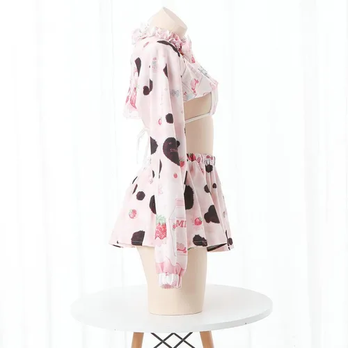Vista 7 de Disfraz sexy de anime para mujer, Lolita Kawaii Milk Cow Juego de rol, falda de lencería traviesa traje de criada