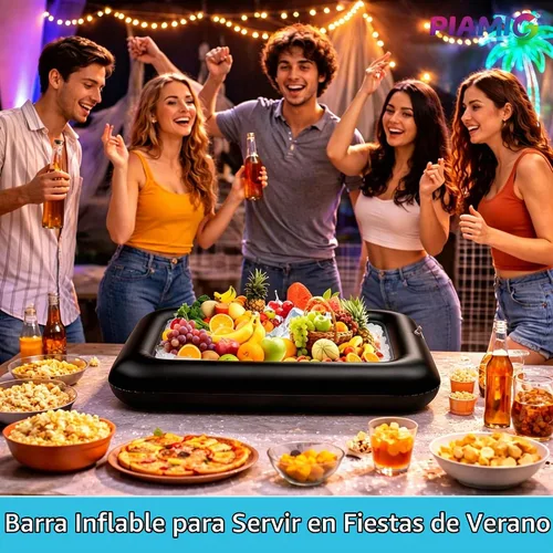 Vista 5 de Barra inflable para servir, juegos de servir ensaladas, bar, bufé, alimentos, bebidas, mesa inflable para piscina, bandeja de hielo fácil de inflar