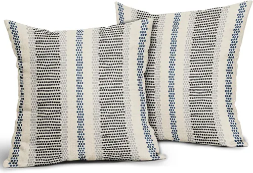 Vista 2 de Juego de 2 fundas de almohada negras y azules con rayas de puntos grises, decorativas para exteriores, estilo boho rústico, para sofá, cama, cojín
