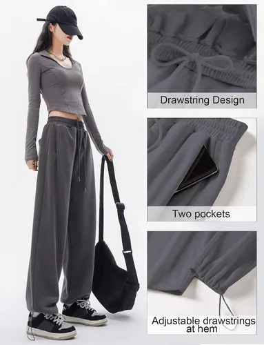 Vista 7 de SEAUR Pantalones deportivos holgados y rectos de pierna ancha para mujer, estilo casual, cintura alta, con cordón, pantalones deportivos