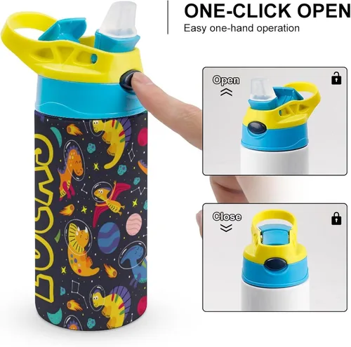 Vista 4 de Artsadd Botella de agua personalizada de dinosaurio para niños, botella de agua con nombre personalizado con pajita, regalo personalizado para niños