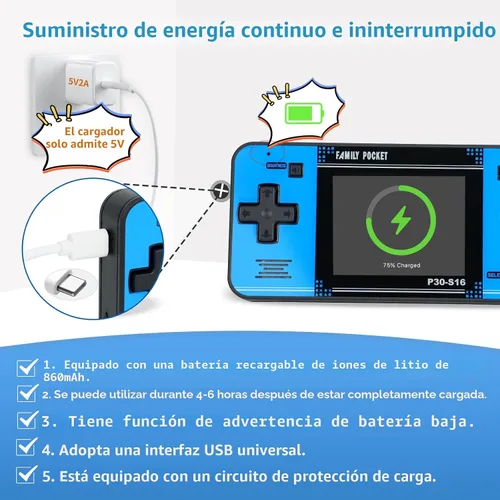Vista 3 de Juego de mano para niños, 220 videojuegos retro precargados, reproductor de juegos portátil con batería recargable de pantalla LCD de 3.0 pulgadas