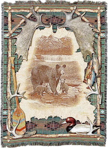 Vista 4 de Pure Country Weavers - Manta tejida con flecos, decorativa / tapete, de Antler Lodge, con diseño de osos, vida silvestre, cabaña del lago, regalo