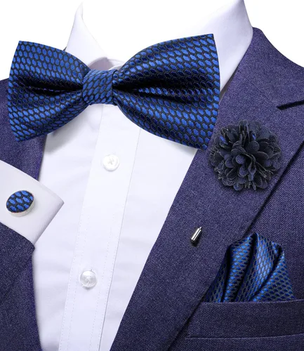 Vista 2 de Hi-Tie Juego de alfileres de solapa de pajarita preatados sólidosde cristal para hombre, pajarita ajustable para boda, baile de graduación, esmoquin