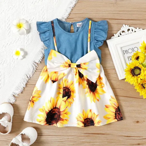 Vista 4 de PATPAT Vestidos de verano sin mangas para niña pequeña, ropa de verano para bebé, mezclilla con lazo, falda floral, vestido de verano de 3 a 24 meses