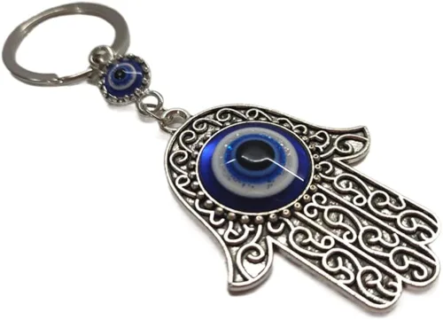 Vista 7 de UQUABESO Llavero Hamsa de cristal de ojo malvado, dije de diamantes de imitación, llavero de mano de Fátima para bolso, bolso, llavero de buena