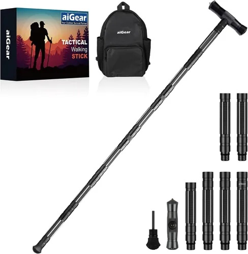 Vista 9 de aiGear G2 Tactical Hiking Stick with Multi-Tool, 5-8 Section Walking Staff Negro