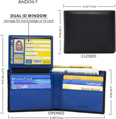 Vista 5 de ANDOILT Cartera de piel auténtica para hombre, con bloqueo RFID, plegable, elegante, con 2 ventanas de identificación, Negro&azul, Compacto