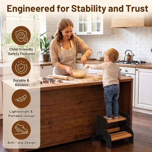 Vista 3 de COSYLAND Taburete de madera de 2 escalones para niños, baño y cocina Negro y natural