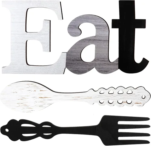 Vista 10 de Jetec Juego de letrero de "Eat", decoración de pared con tenedor y cuchara, decoración de madera rústica, lindas letras "Eat" para cocina y hogar