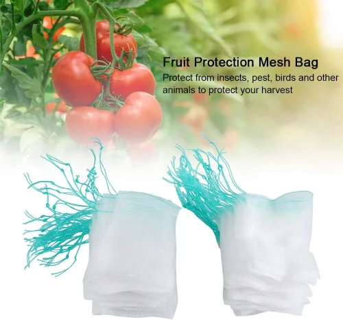Vista 3 de Bolsas de nailon para protección de frutas, paquete de 100 unidades, fundas de malla reutilizables con cordón para árboles de jardín, tomates