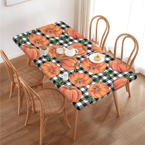 Vista 13 de Fiokroo Mantel de hojas de arce otoñales con borde elástico, mantel redondo de Acción de Gracias hoja de otoño lavable reutilizable cubierta de mesa