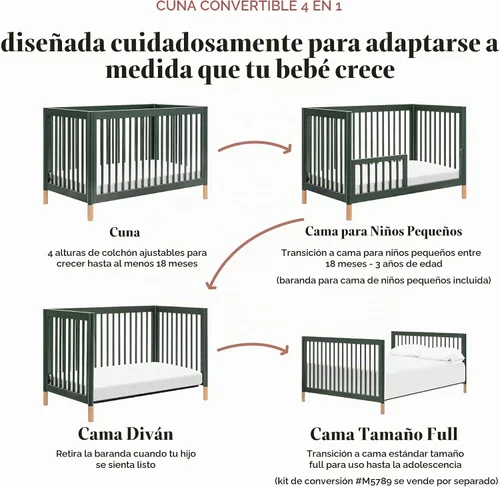 Vista 6 de Babyletto Gelato - Cuna 4 en 1, verde bosque con patas de cuero rubio