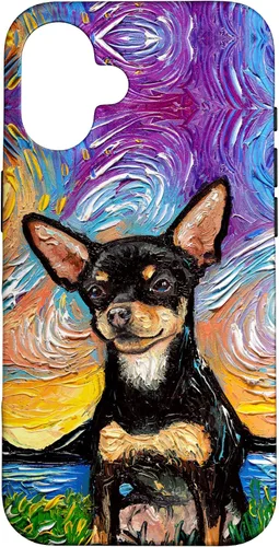 Vista 32 de Negro y bronceado liso Chihuahua Starry Night Dog ilustraciones caso para iPhone 17