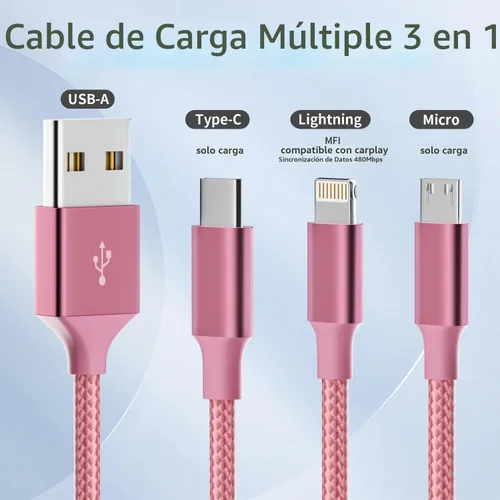 Vista 2 de Travel Essentials - Cable de carga múltiple 3 en 1, cable de carga universal para teléfono Micro USB Cable with Type-C,Micro USB,IP Port,Travel