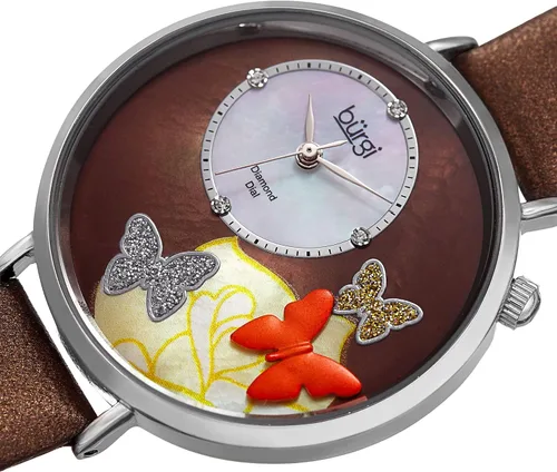 Vista 4 de Burgi BUR158 - Reloj de mujer de piel con mariposas de cristal, marcadores de diamantes genuinos y diseños de flores en la esfera de nácar - clásico
