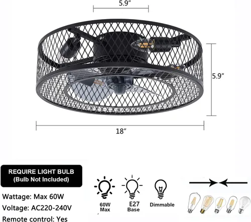 Vista 4 de OUKANING Ventilador de techo de granja con luces con control remoto, luz de jaula de metal industrial, ventiladores de techo de estilo rústico de 18