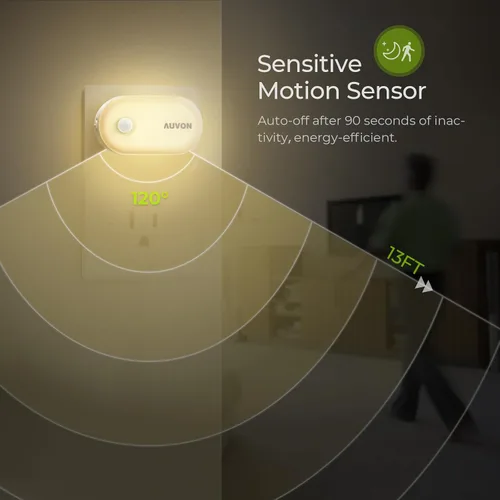Vista 3 de AUVON Luz nocturna enchufable con sensor de movimiento (120 lúmenes), luces nocturnas LED inteligentes regulables, brillo de 1-120 lúmenes