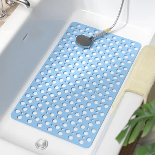 Vista 9 de HITSLAM Tapete antideslizante de elastómero termoplástico suave para bañera, drenaje eficiente con ventosas, fácil de limpiar, 28 x 15 pulgadas, Azul