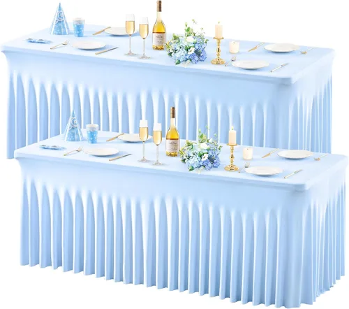 Vista 16 de Wish Care Paquete de 2 manteles de elastano elástico azul bebé para mesas rectangulares de 4 pies, manteles ajustables sin arrugas de 4 pies