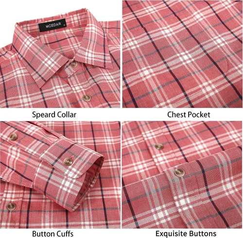 Vista 6 de MCEDAR Camisa de algodón de manga larga con botones y bolsillo a cuadros de ajuste regular para hombre