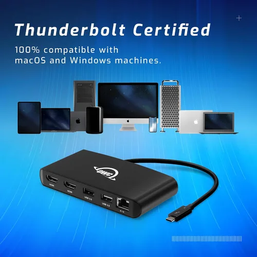 Vista 5 de OWC Thunderbolt mini Dock, Bus-Powered 5-Port Multi-Adapter with Dual 4K HDMI, Dual USB, Gigabit Ethernet, Integrated 7.2-inch TB Cable, for TB