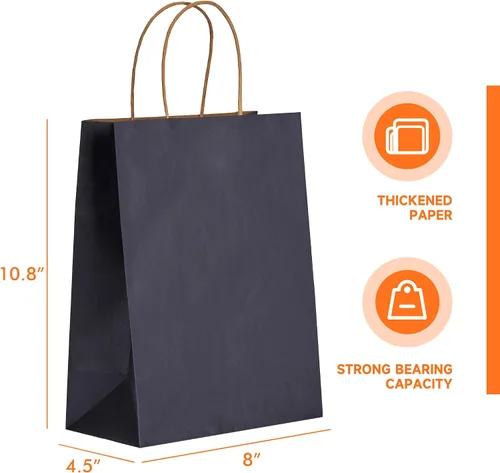 Vista 3 de METAPRINT Paquete de 100 bolsas de papel kraft azul medianas de 8 x 4.5 x 10.8 pulgadas con asas a granel, bolsas de regalo, compras de comestibles