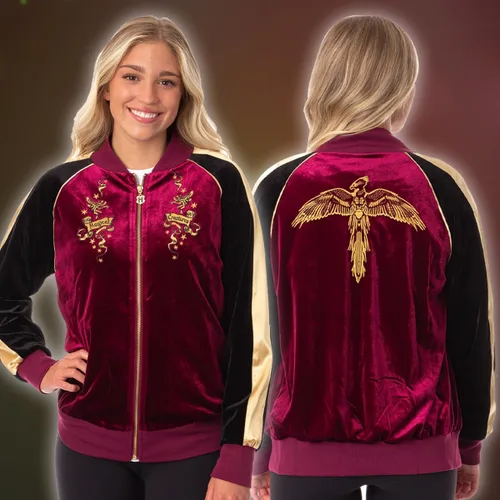 Vista 2 de Bioworld Harry Potter Magical Creatures Bomber - Chaqueta de terciopelo con cremallera para mujer